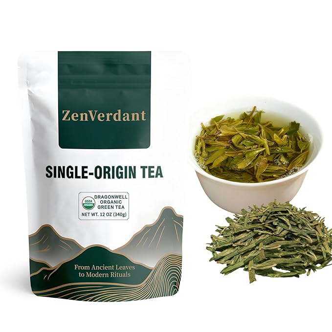 ZenVerdant USDA Organic Longjing Green Tea, 12oz Loose Leaf | Authentic Dragon Well | Resealable Pouch & Smooth Refreshing