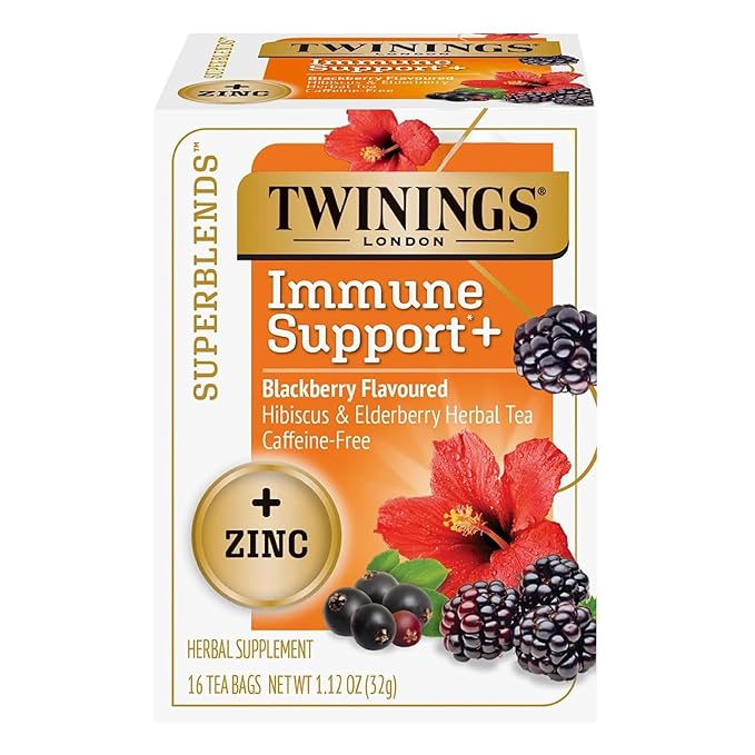 Twinings Superblends Immune Support+ Zinc Blackberry Flavoured Hibiscus & Elderberry Herbal, Naturally Caffeine-Free, 16 Count (Pack of 1), Enjoy Hot or Iced, 16 Teabags