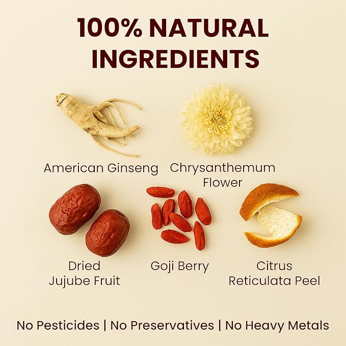 Five Element Herbal Tea Bags With American Ginseng, Chrysanthemum, Goji Berry, Jujube, And Citrus Peel | Herbal Blend For Immunity, Balance, And Vitality | 5 Count Wellness Tea Bags