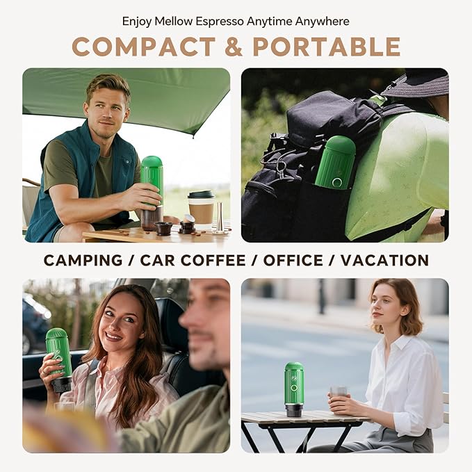 Fast self-heating Portable Electric Espresso Coffee Maker, 2 IN 1 Extraction Espresso Machine, Support Ground Coffee and NS capsule, for Travel,Car,camping,Climbing（Green） Rich Crema