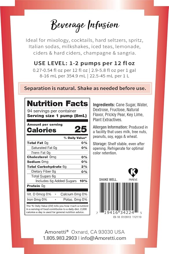 Amoretti - Prickly Pear Key Lime Beverage Infusion Drink Mix & Water Enhancer with Pump for Flavoring Cocktails, Waters, Teas, and other Beverages, 94 Servings Per Bottle (750 ml), Preservative Free