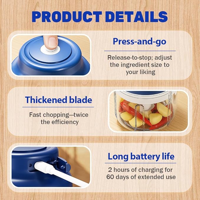 2026 New Electric Garlic Chopper, Mini Portable Veggie Chopper USB Charging Wireless Food Processor, Upgrade Electric Mini Garlic Chopper Set Wireless Veggie Grinder (Blue, 320ML)