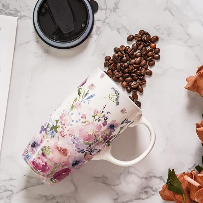Topadorn Ceramic Coffee Mug for Home & Office, 17oz. Porcelain Latte Travel Cup with Lid and Color Box, Pink Flower Art Tea Mug with Handle, 6.5" H