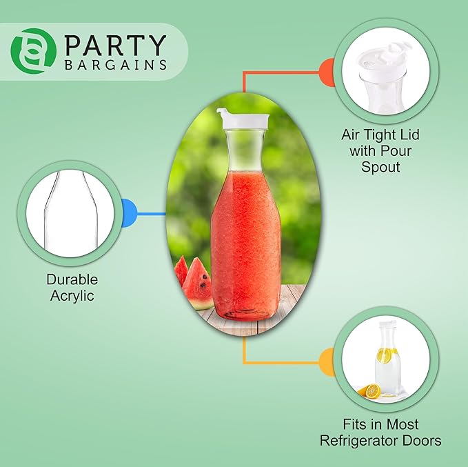 Party Bargains 50 oz. Plastic Carafe with Lids - Clear, 3 Count, White Flip Tab Lid Premium Quality & Heavy Duty Plastic Pitcher for Iced Tea, Powdered Juice, Cold Beverages, Mimosa Bar