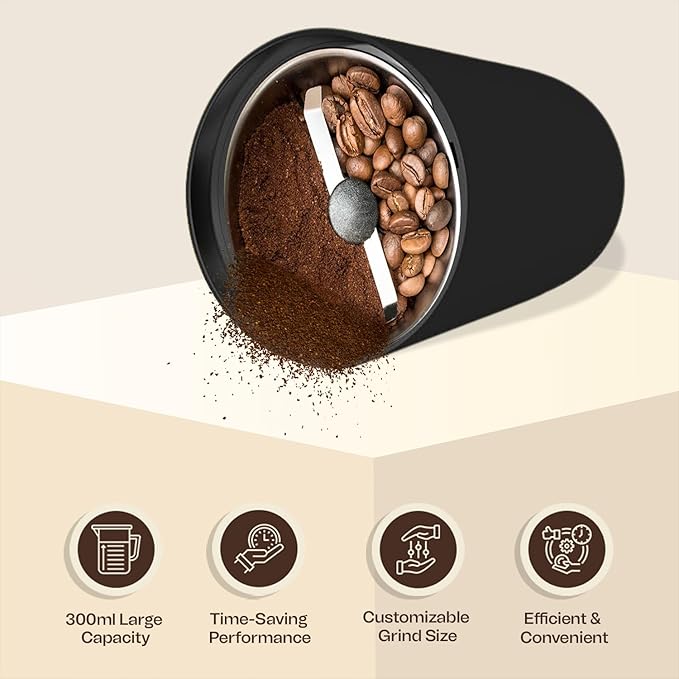 B Unique Electric Coffee & Spice Grinder, 300ml Stainless Steel | Powerful Grinder for Beans, Herbs, Nuts & Seeds | Fast, Safe, Easy to Clean | Compact Kitchen Design