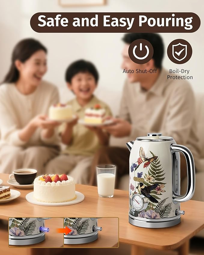 INFOOD Retro Electric Kettle 1.8L/60.8oz with Thermometer - 1200W Fast Boiling Stainless Steel Tea Kettle with Water Level, BPA-Free, Auto Shut-Off, Boil-Dry Protection, Vintage Floral Design
