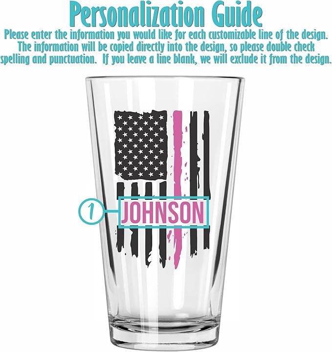 Blue Ridge Mountain Gifts - Thin Pink Line Pint Glass - Personalized Drinking Glass, Police Wife Gift, Law Enforcement Family, Female First Responders, Female Police Officer Gift