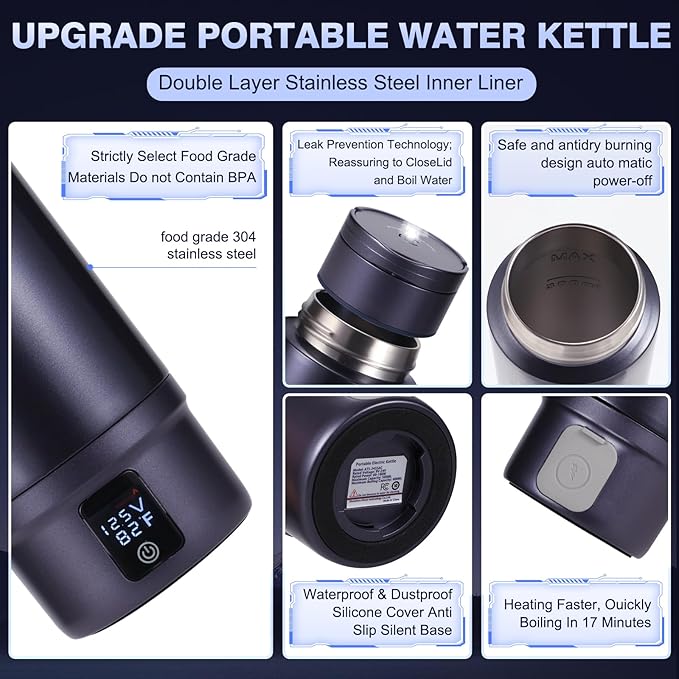 Vacuum Insulated Car Electric Kettle,Miicasa Stainless Steel Tumbler Car Water Heater,12V/24V Water Boiler with 6 Temperature and Auto Shut-Off Boil Dry,16oz