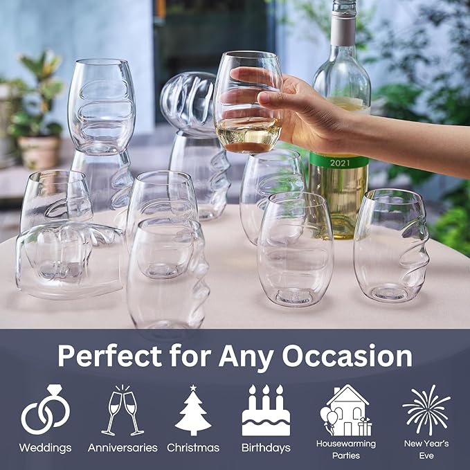 Unbreakable European Plastic Crystal, Stemless Wine Glasses | Set of 12, 13.5 OZ | Acrylic Tritan Set with 3-Finger Indentations - Clear Short Tumbler Set, BPA Free, Reusable, Naturally Aerates Wine