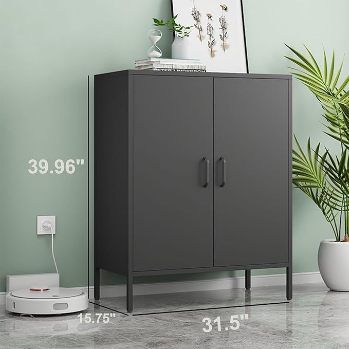 Black Metal Storage Cabinet,Metal Locker Storage Cabinet with 2 Doors and Shelves,Kitchen Pantry Cabinet,Modern Storage Freestanding Organizer Rust for Home,Kitchen,Office