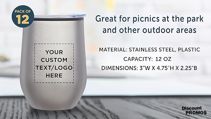 Custom Stemless Wine Tumblers 12 oz. Set of 12, Personalized Bulk Pack - Insulated, Perfect for Wine, Cocktails, Other Hot & Cold Beverages - Silver