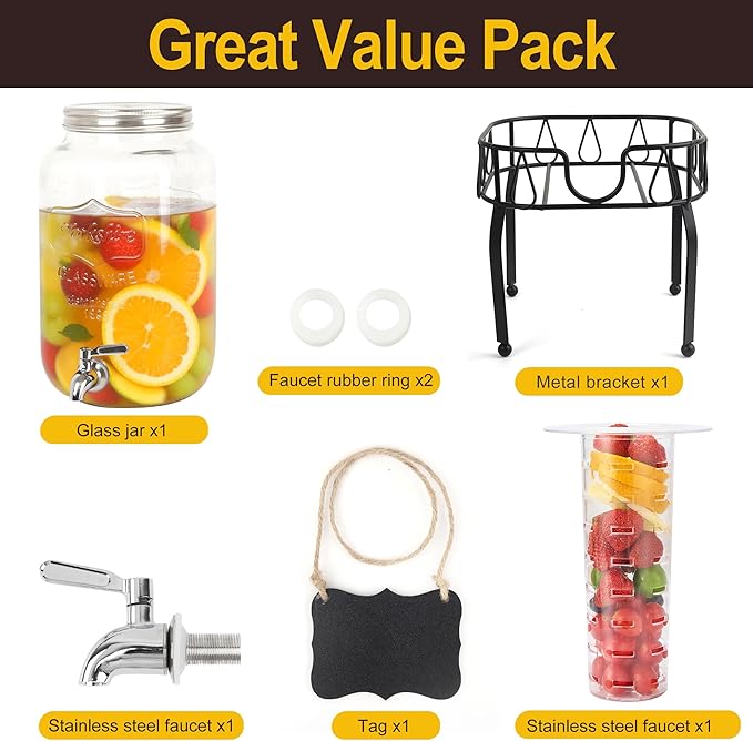 Glass Drink Dispensers for Parties, Beverage Dispenser with Stand, Ice Cylinder and Stainless Steel Spigot 100% Leakproof, Beverage Dispenser for Lemonade Sun Tea (2 Gallon Single with Stand)