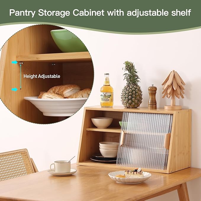 Wooden Kitchen Sideboard, Small Bamboo Countertop Organizer, Tabletop Cabinet with 2 Glass Sliding Door, Counter Cabinet for Kitchen, Living Room, Dinning Area and Bathroom, Wood