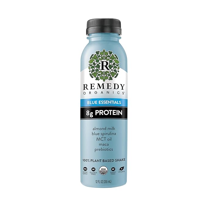 Remedy Organics Blue Essentials 12-Pack | Plant Based 8g Protein Shakes, Ready to Drink | USDA Organic, Gluten Free, Dairy Free, Soy Free
