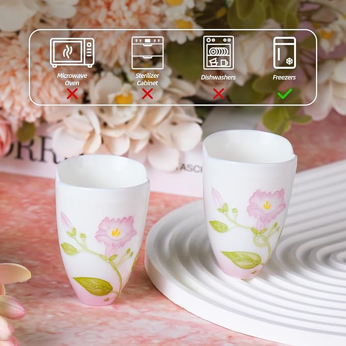 KAMMAK Ceramic Tea Cups Small, Cute Vintage Coffee Cup Set of 2, Porcelain Teacups Espresso Mug, 2.1oz Hand Painted Chinese Afternoon Tea Party Mugs, Birthday Gift for Women Men, Yuni Feizi