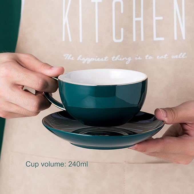 YBK Tech Ceramic Tea for One Set, 12oz Teapot and 8.2oz Cup with Saucer (Peacock Green)