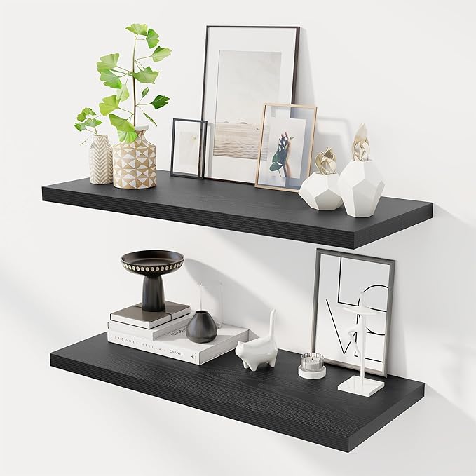 Dreamland 32" Floating Shelves for Wall, 12" Deep Slim Black Floating Shelves, Wall-Mounted Shelves for Bedroom, Living Room, Kitchen, Bathroom - Set of 2