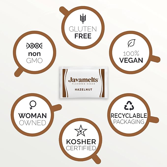 Javamelts Hazelnut Flavored Sugar Packets | Pure Cane Sugar for Baking, Coffee Syrup Substitute, Cocktails, Tea | Non GMO, Non Dairy, Gluten Free, Kosher | 200 Bulk Sugar Packets
