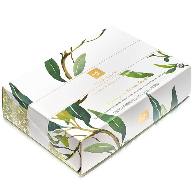 Teabloom Radiant Greens – Organic Green Tea Sampler with 12 Plant-Based Pyramid Sachets, Jasmine Pearls, Minted Mango Peach & Pineapple Ginger, Gift-Ready Presentation Box for Tea Lovers