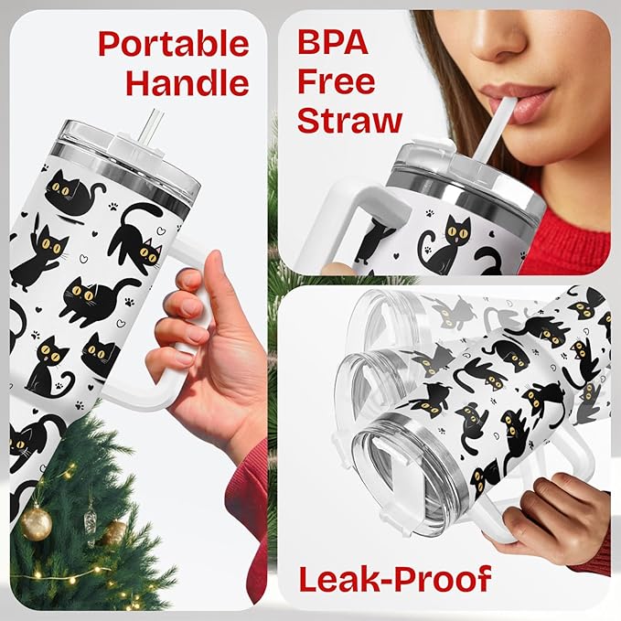 34HD Black Cat Coffee Tumbler with Handle and Straw, 40oz Stainless Steel Insulated Kitty Mug with Lid, Cute Pet Gifts for Women Men on Birthday Mothers Day Halloween Christmas