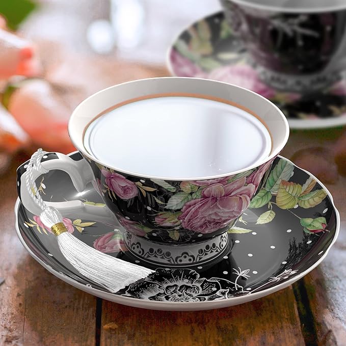 London Boutique Tea Cup and Saucer Set 1 Afternoon Tea Set New Bone China Vintage Flora Gift Box 200m (Black)
