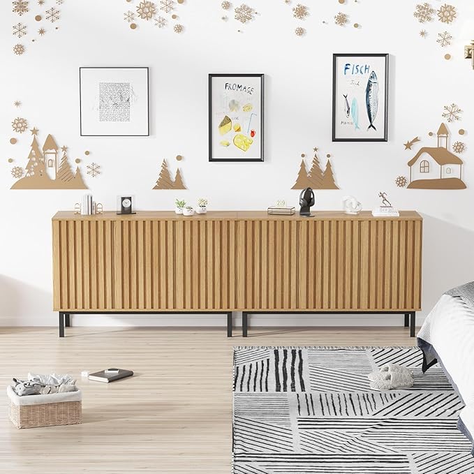 Garvee 47.2 Inch Sideboard Buffet Cabinet with Fluted Doors, Modern Wood Storage Cabinet with Adjustable Shelf, Freestanding Coffee Bar for Dining Room Living Room