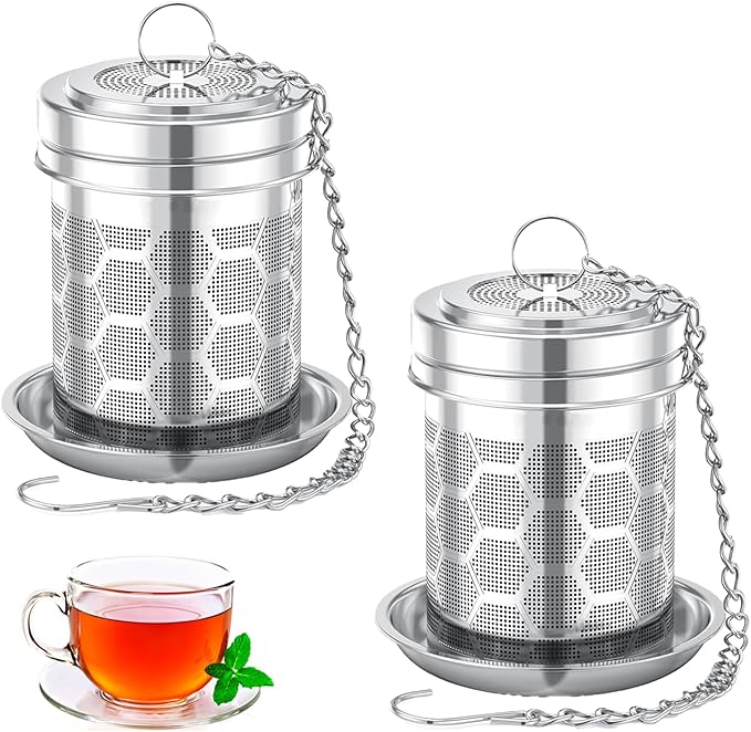2 Pack Tea Strainers for Loose Tea, 304 Stainless Steel with Chain Hook,Extra Fine Mesh Tea Infuser for Brew Tea Spices & Seasonings