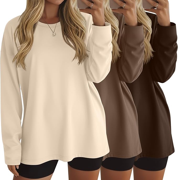 Ficerd 3 Pack Women's Oversized Long Sleeve Shirts Cotton Gym Round Neck Tops Loose Fit Casual Workout Baggy Fall Basic Tee