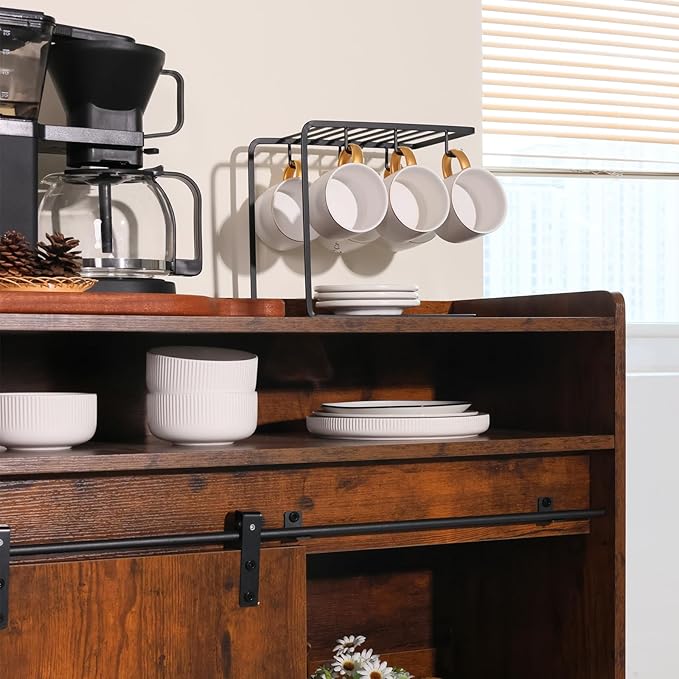 ALBAD Coffee Bar Cabinet/Table, 32" Buffet Sideboard with Sliding Barn Door and Storage Shelves, Farmhouse Wood Kitchen/Accent Storage Cabinet Brown Walaut