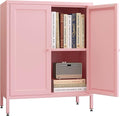 Small 2 Transparent Door Metal Storage Side Buffet Cabinet for Bed Room,Living Room,Entryway,Hallway,Home,Hotel,Office,Garage,Kitchen,1 Removable Shelf. (Square Door, Pink)