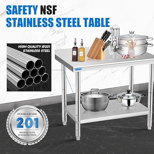 Stainless Steel Table 30 x 18 Inch, Stainless Table for Prep & Work, Commercial NSF Metal Table for Restaurant Kitchen Garage