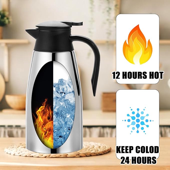 2 PCS 68 OZ Thermal Coffee Carafe Stainless Steel Creamer Pitcher Double Walled Vacuum Insulated Pitcher Thermal Hot Pot Flask with Brushes for Keeping Hot Coffee Tea