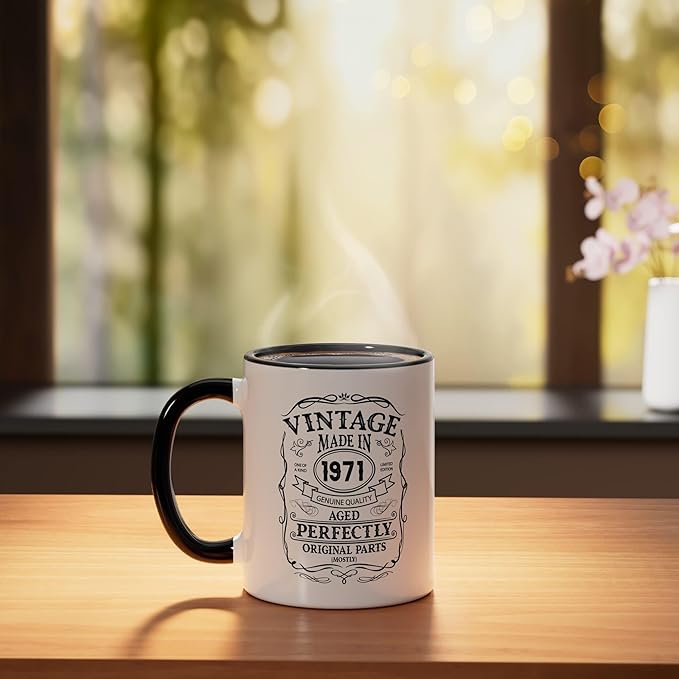 54th birthday, retro Vintage Design, man, woman 1971 Ceramic Mug, Black/White