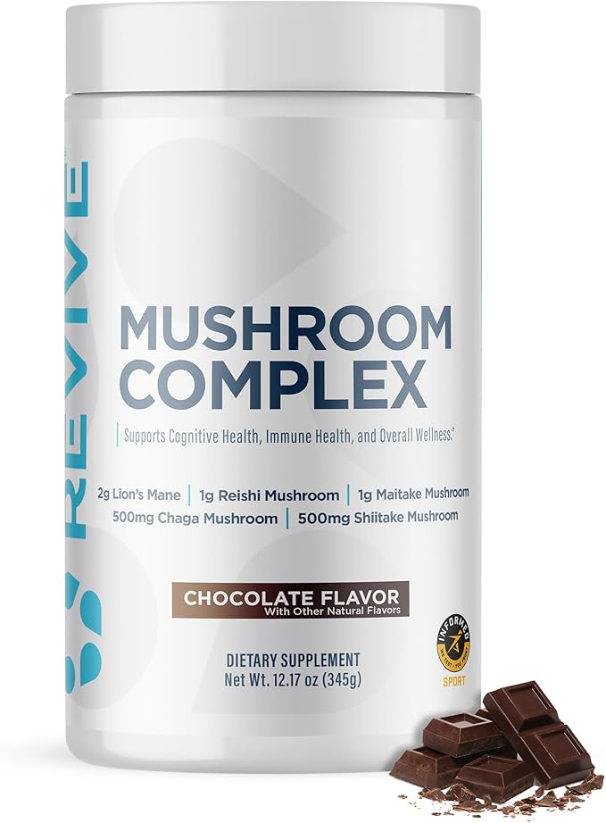 Revive MD Mushroom Powder, Chocolate - Mushroom Supplement Supports Focus, Cognitive, Immune & Brain Health with a Blend of Lion's Mane, Reishi, Chaga, Shiitake & Maitake - Gluten-Free (30 Servings)