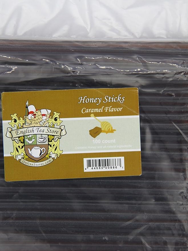 English Tea Store All-Natural Honeystix With Gluten-Free Grade A Honey | Mini Honey Sticks For Tea, Cake Pops Or Snacks | Portable Sweet Treat | Caramel Flavored Honey Sticks - 100 Ct