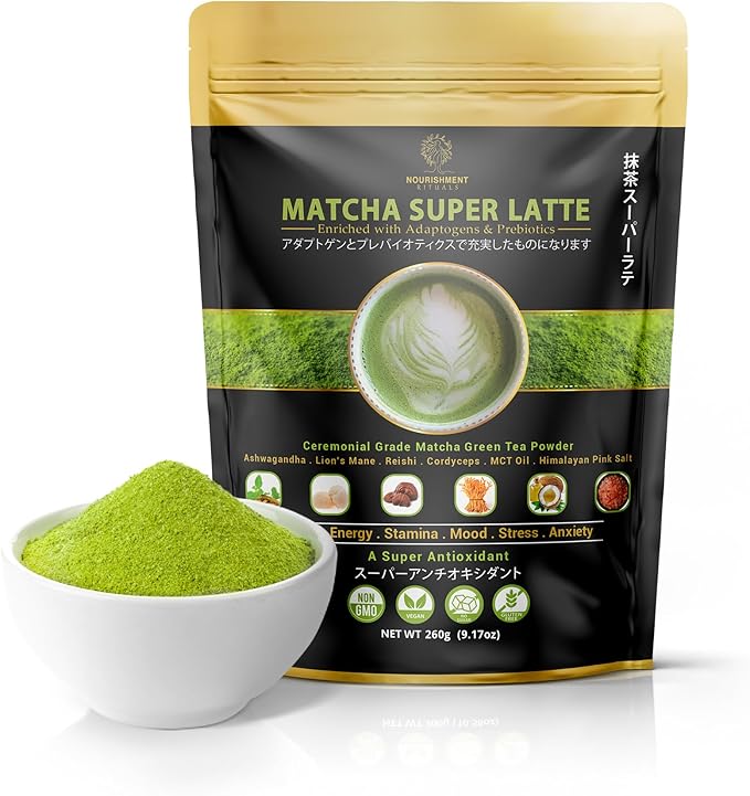 Nourishment Rituals Green Tea Super Latte Matcha Powder | Authentic Japanese Instant Ceremonial Grade Matcha, Superfood Powder Blend - Pack of 1, 260g (12-Servings)