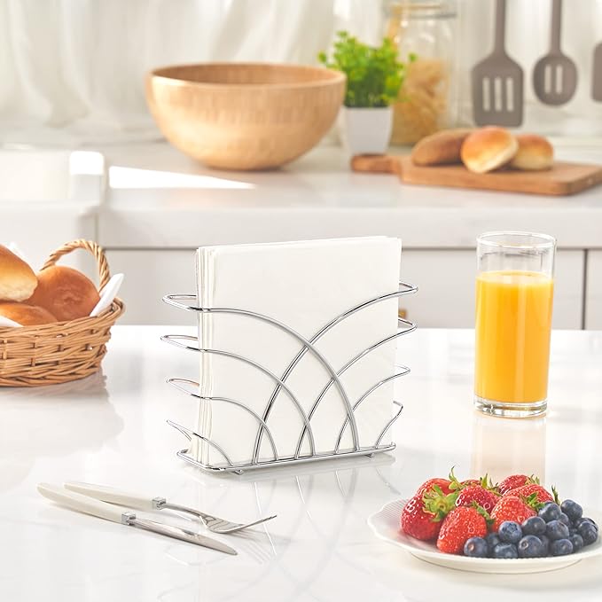 Napkin Holder for Table – Silver Iron Upright Napkin Dispenser for Paper Napkins, Napkin Dispenser for Kitchen Dining, Cocktail Picnic Bar Modern Kitchen and Dining Decor, Servilletero