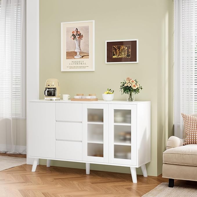 Soohow Farmhouse Buffet Cabinet, 55.5" Coffee Bar with 3 Drawers and Pop-Up Doors, Large Rustic Sideboard for Dining Room, Kitchen, Hallway, and Living Room