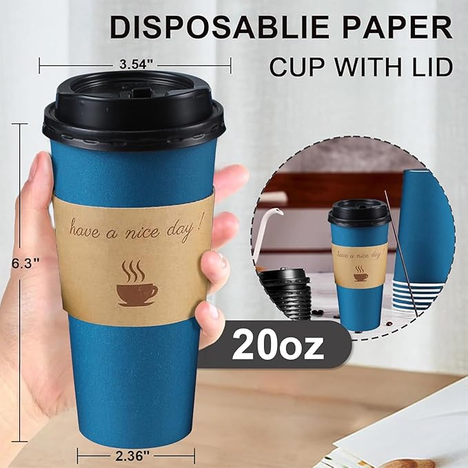 50 Pack 20 oz Coffee Cups with Lids, Disposable To Go Paper Coffee Cups with Sleeves and Stirring Sticks for Hot/Cold Drinks Office Home Shop Event (Navy)