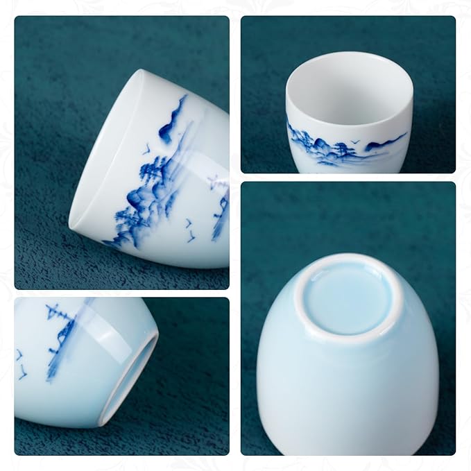 KAMMAK Tea Cup, 4oz Small Tea Cups Set of 2, White Porcelain Tea Cup Set for Home, Party, Office, Ceramic Teacups, Chinese Kungfu Tea Set for Hot/Cold Drink (Gradient Landscape)