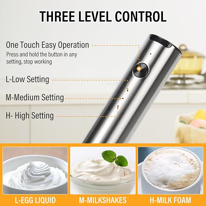 Madrigal Rechargeable Milk Frother with Stand, Dual 304 Stainless Steel Whisks, USB-C Mini Mixer for Drinks, Cappuccino & Hot Chocolate, 3-Speed Handheld Drink Mixer for Lattes
