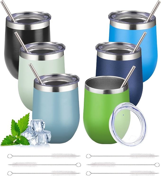 12oz Stemless Wine Tumbler with Lid Double Wall Insulated Wine Cup Stainless Steel Glasses Tumbler with Straw Insulated cocktail Tumbler Coffee Mug for Hot and Cold Beverages (Multicolor-10,6Pack)