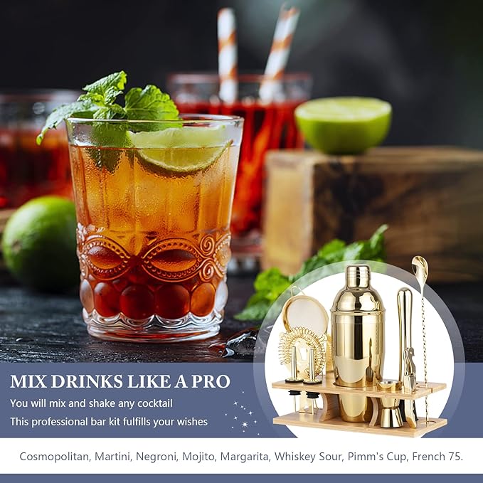 Shakers Bartending, 11Pcs-Cocktail Shaker Set Gold Drink Mixer with 25oz Martini Shaker,Muddler,Bar Spoon and More Professional for Home and Bartender.(Gold)