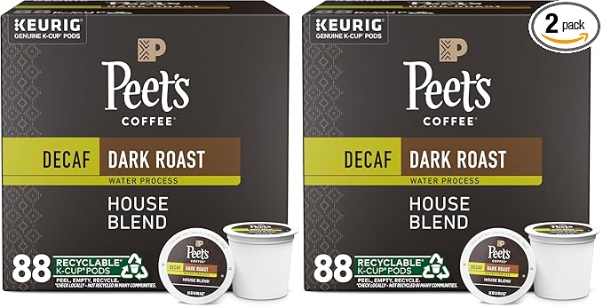 Peet's Coffee Dark Roast K-Cup Pods | Decaffeinated | House Blend | 88 Count | 4 Boxes