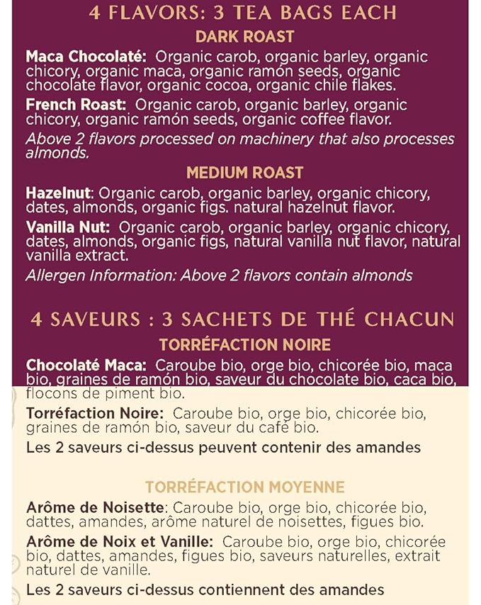Teeccino Herbal Tea Sampler Assortment - 12 Tea Bags - Maca Chocolaté, French Roast, Hazelnut, Vanilla Nut - Roasted Caffeine Free Herbal Tea, Prebiotic for Natural Energy