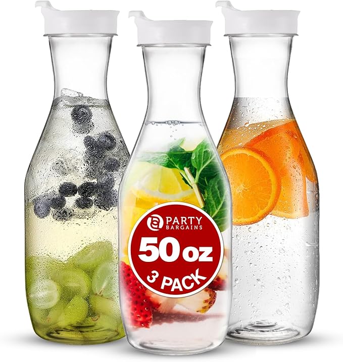 Party Bargains 50 oz. Plastic Carafe with Lids - Clear, 3 Count, White Flip Tab Lid Premium Quality & Heavy Duty Plastic Pitcher for Iced Tea, Powdered Juice, Cold Beverages, Mimosa Bar