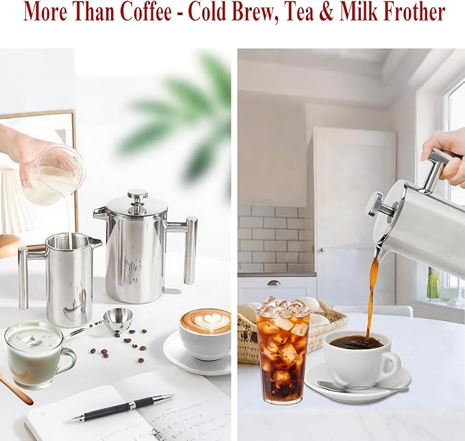French Press Coffee Maker, 34 Oz Stainless Steel, Triple Mesh Filter, Double Wall Insulated, for Coffee & Tea, Portable for Home, Office, Camping & Travel