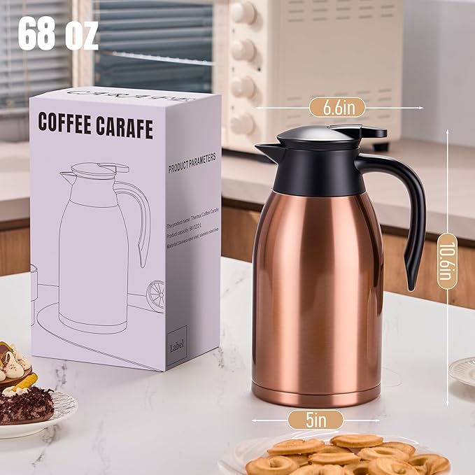 PARACITY 68oz Thermal Coffee Carafe Stainless Steel, Coffee Carafes for Keeping Hot, Double Walled Vacuum Insulated Coffee Urn for Coffee & Tea, Home & Office (Gold Brown)