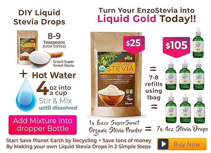Enzo Liquid Stevia Drops Our Zero Calories Sweetener (8oz - 1600 Servings/Bottle) - Toffee Caramel - All Natural flavoring with No Artificial Additives & Filler Ingredient