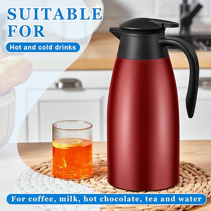 Uiifan 2 Pcs 68oz Thermal Coffee Carafe Insulated Stainless Steel Thermal Coffee Carafe Double Walled Vacuum Flask Carafes with Brushes for Keeping Tea for 12 Hours(Wine Red)